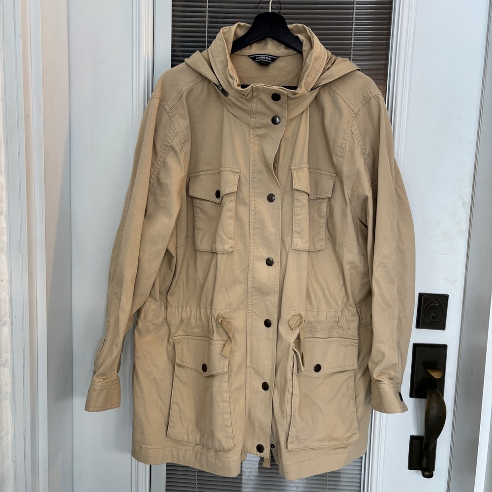 Lands End 2X Tan/Stone Womens Safari Jacket Chore Coat Hidden Hood